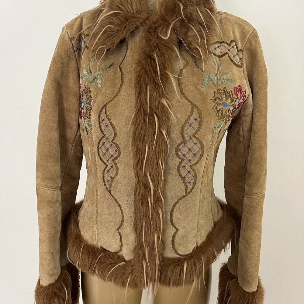 Vintage Y2K XOXO Tan Suede Jacket Faux Fur Trim Embroidered Flowers Women's M - Picture 14 of 16